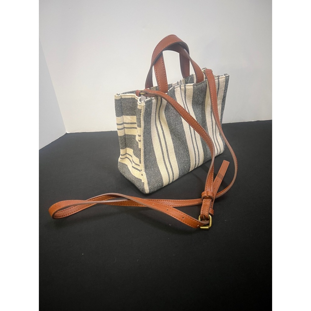 Sonoma Goods For Life Mini Tote Bag Striped Canvas Crossbody Grey Cream Brown
